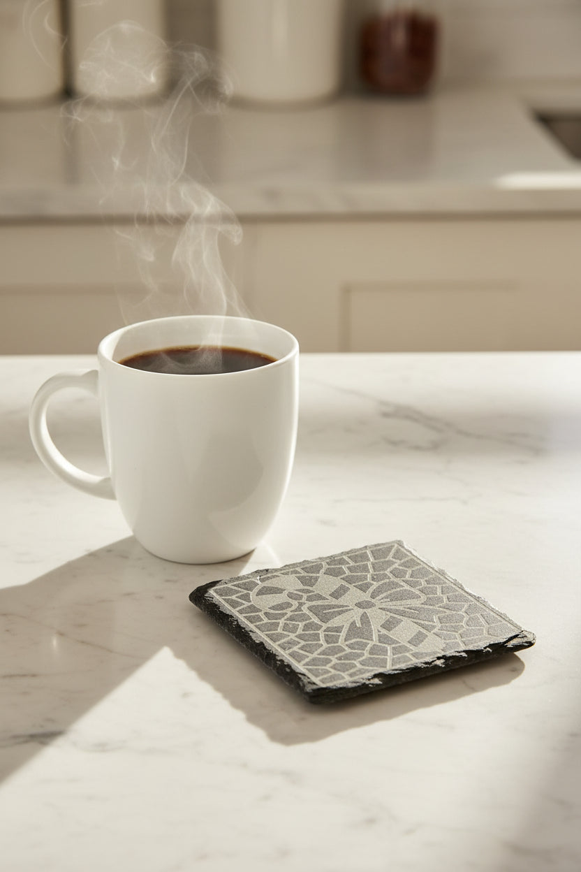 Candy Cane Bow - 4" Square Engraved Natural Slate Coaster