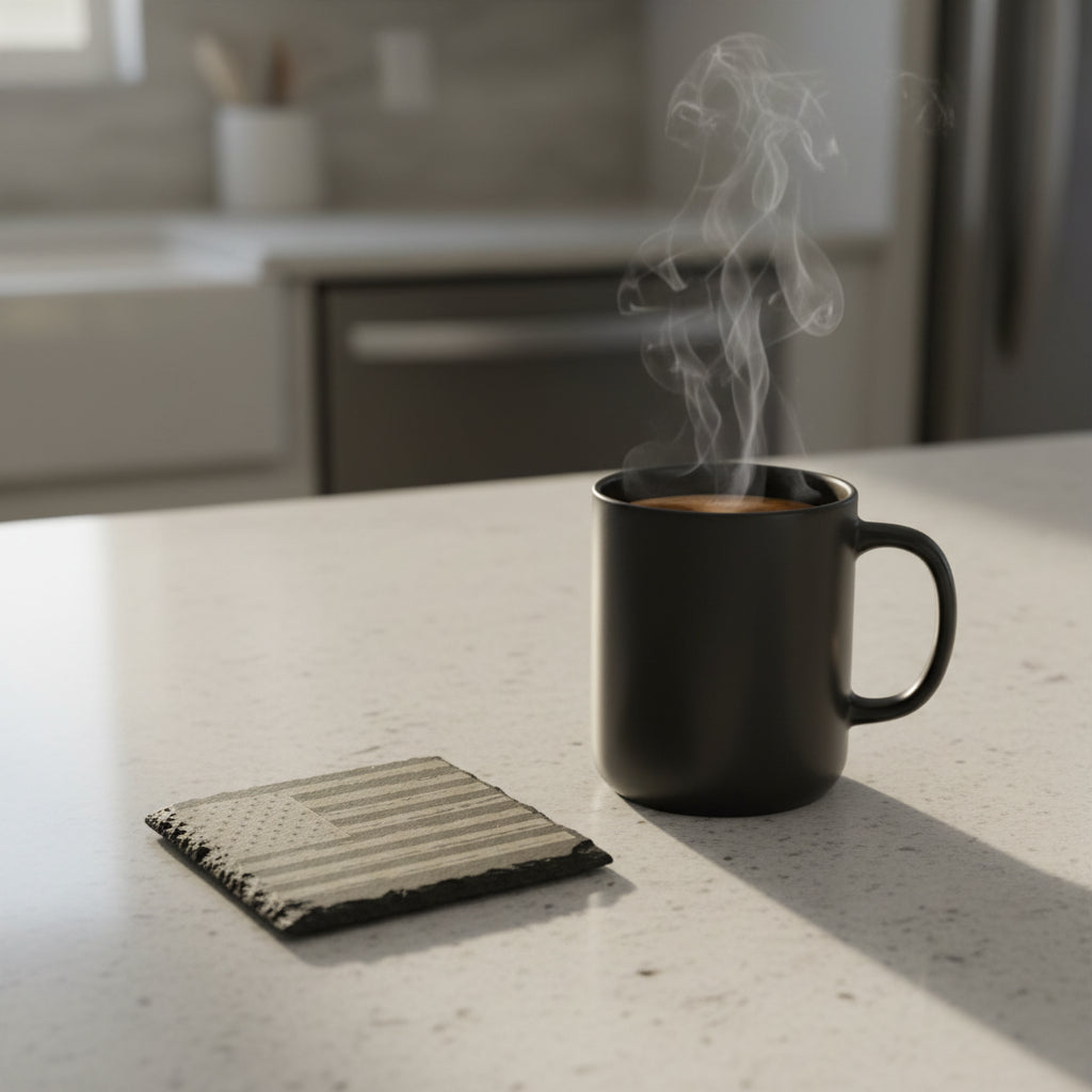 Distressed Black White American Flag - 4" Square Engraved Natural Slate Coaster
