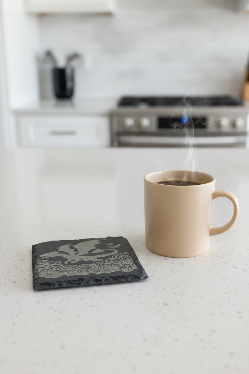 Dragon Clouds Flying - 4" Square Engraved Natural Slate Coaster