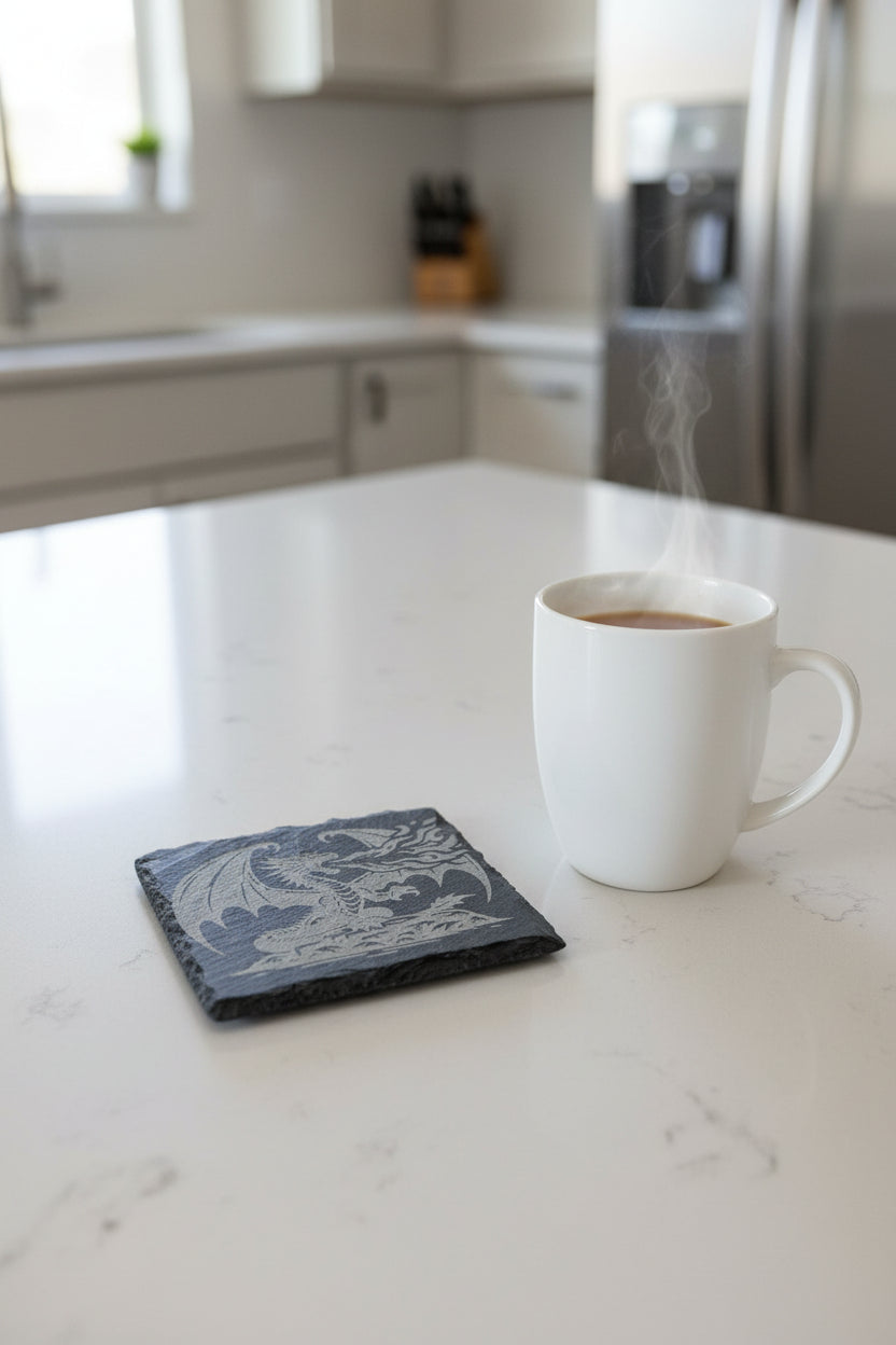 Dragon Fire Breath - 4" Square Engraved Natural Slate Coaster