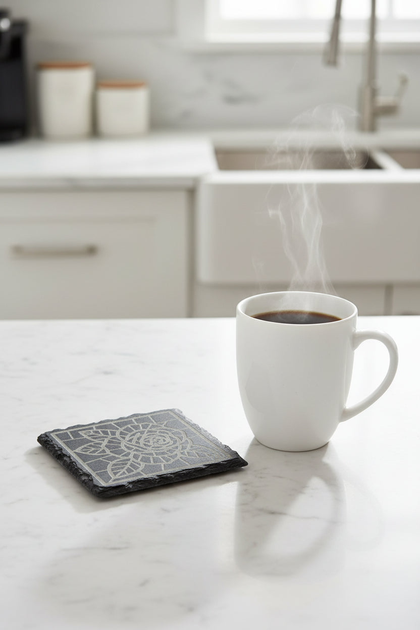 Geometric Rose - 4" Square Engraved Natural Slate Coaster