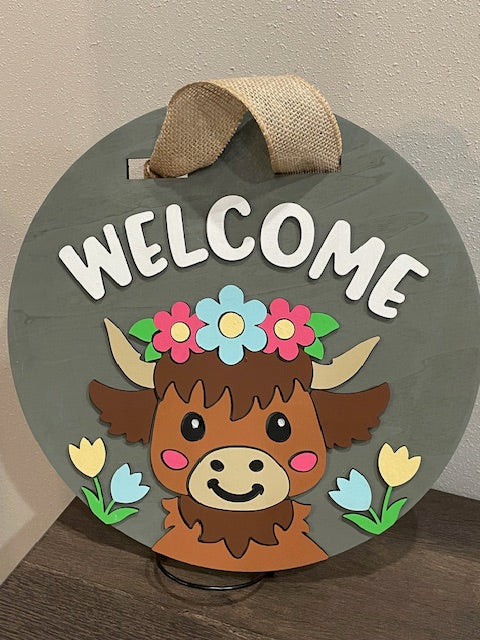 14" Round Highland Cow Welcome Sign