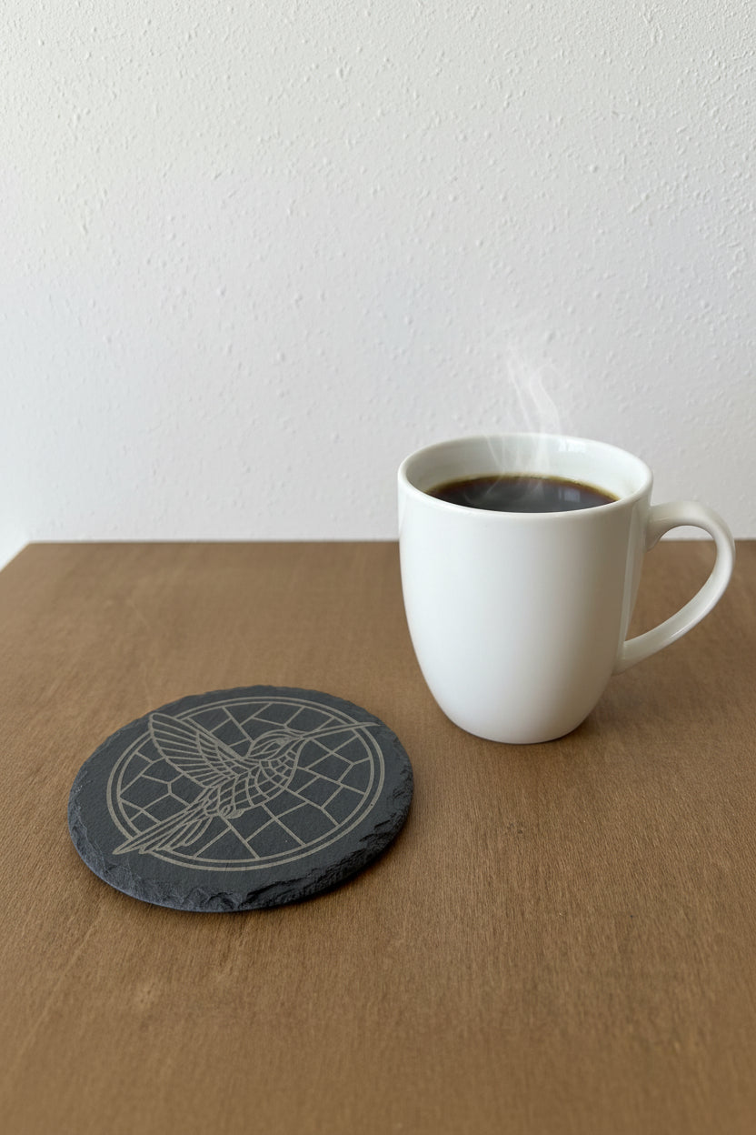 Humming Bird - 4" Round Engraved Natural Slate Coaster