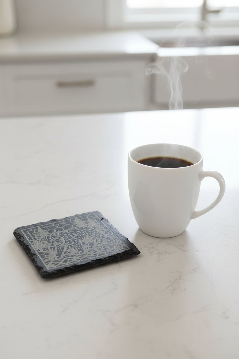 Lynx Woodland Mosaic - 4" Square Engraved Natural Slate Coaster