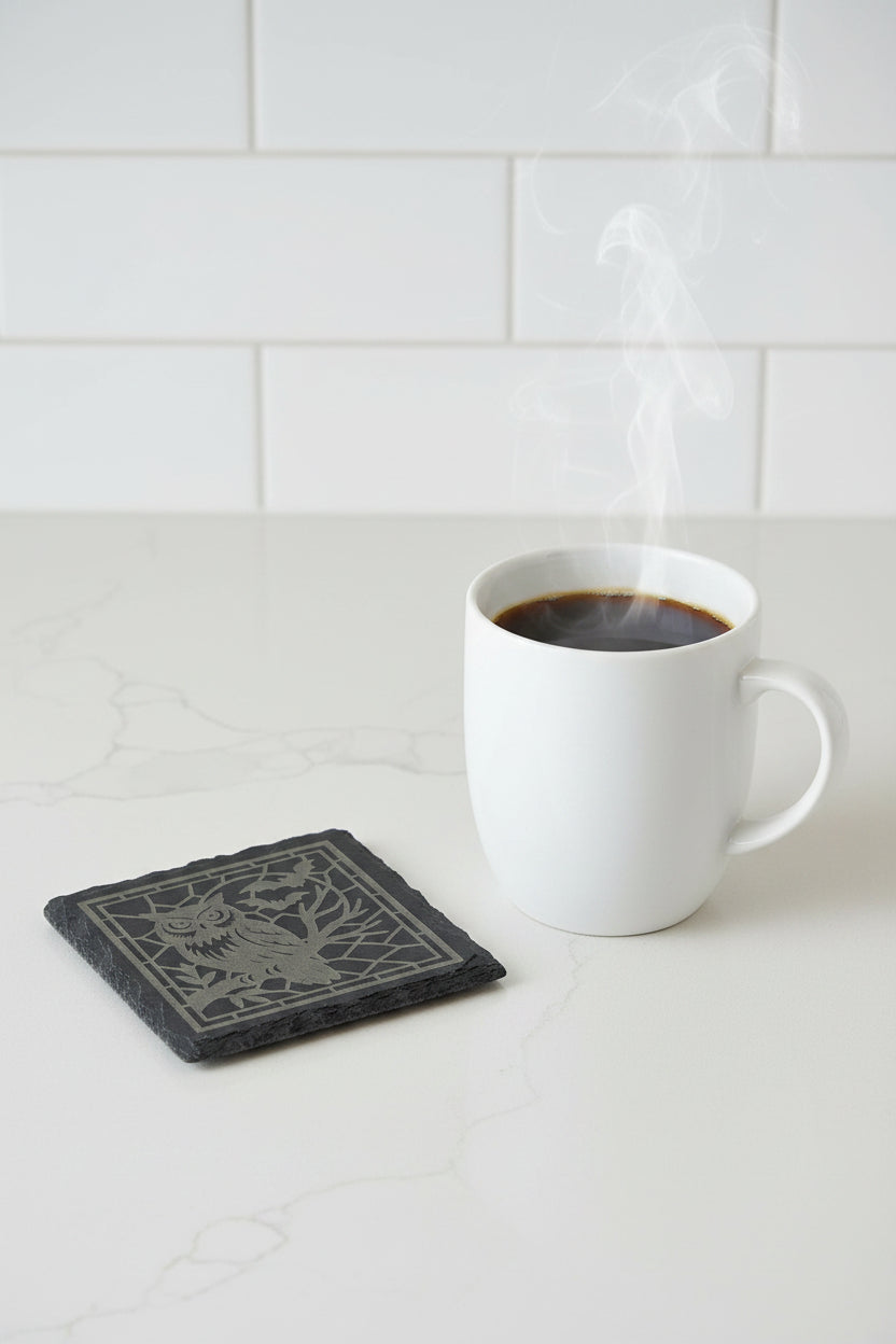 Owl Under The Moon - 4" Square Engraved Natural Slate Coaster