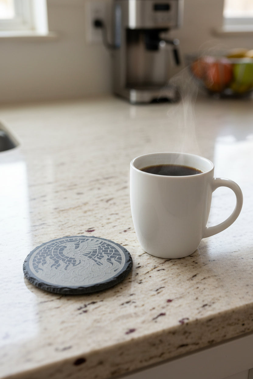 Phoenix Rising - 4" Round Engraved Natural Slate Coaster