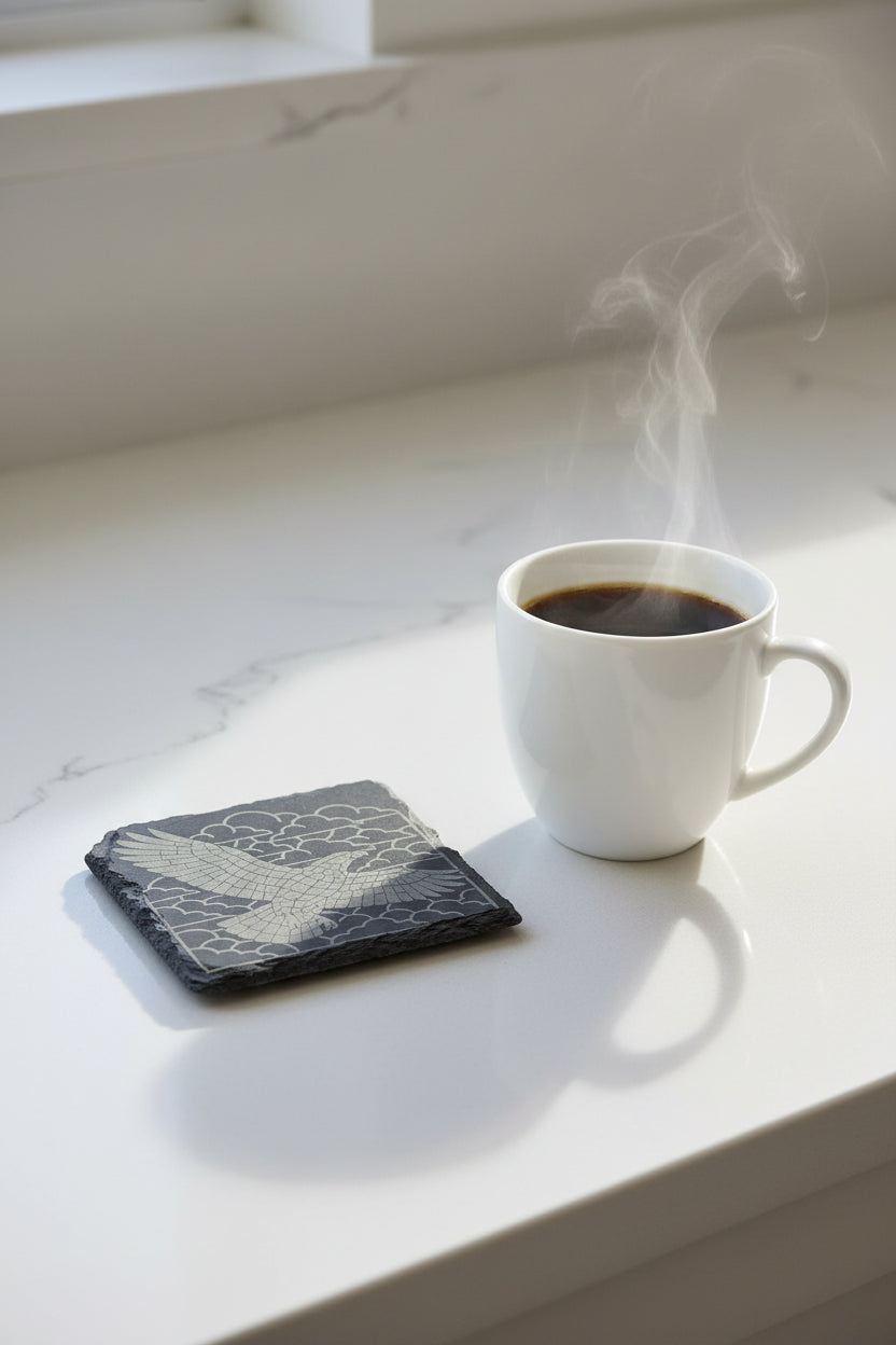 Soaring Hawk Among The Clouds - 4" Square Engraved Natural Slate Coaster