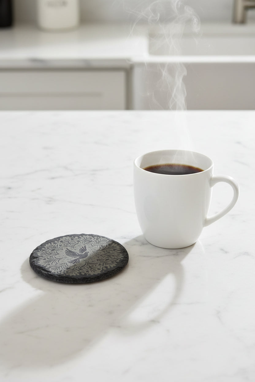 Starry Dove Snowflake - 4" Round Engraved Natural Slate Coaster