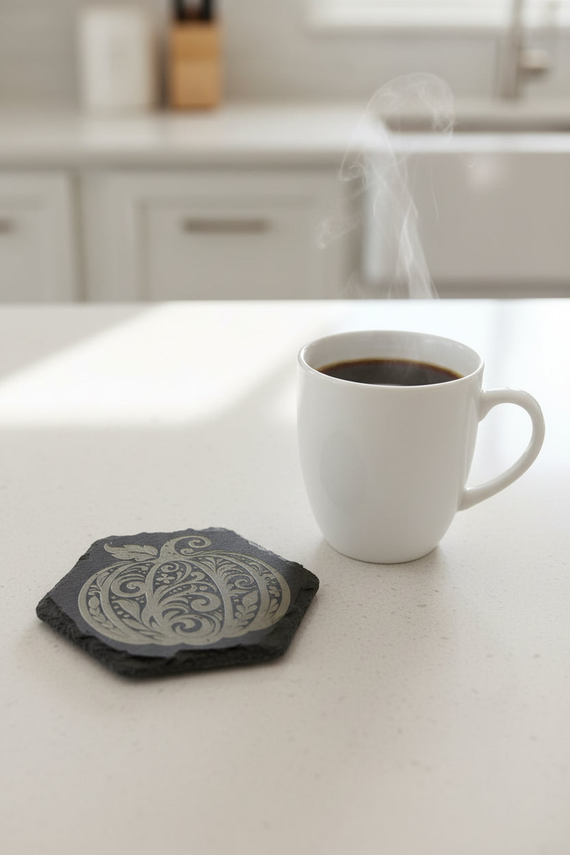 Swirled Pumpkin - 4" Hexagon Engraved Natural Slate Coaster