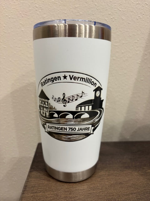 Vermillion, SD ↔ Ratingen, Germany | 750-Year Celebration 20 oz Stainless Steel Engraved Travel Mug - Grey Design