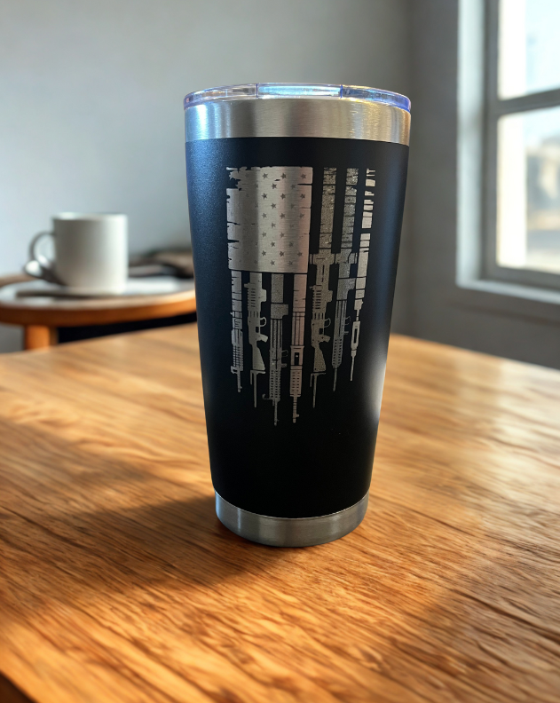 20 oz Stainless Steel Travel Mug - American Flag Made of Guns