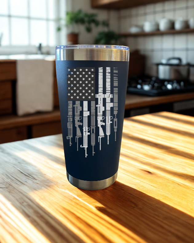 20 oz Stainless Steel Travel Mug - American Flag Made of Guns