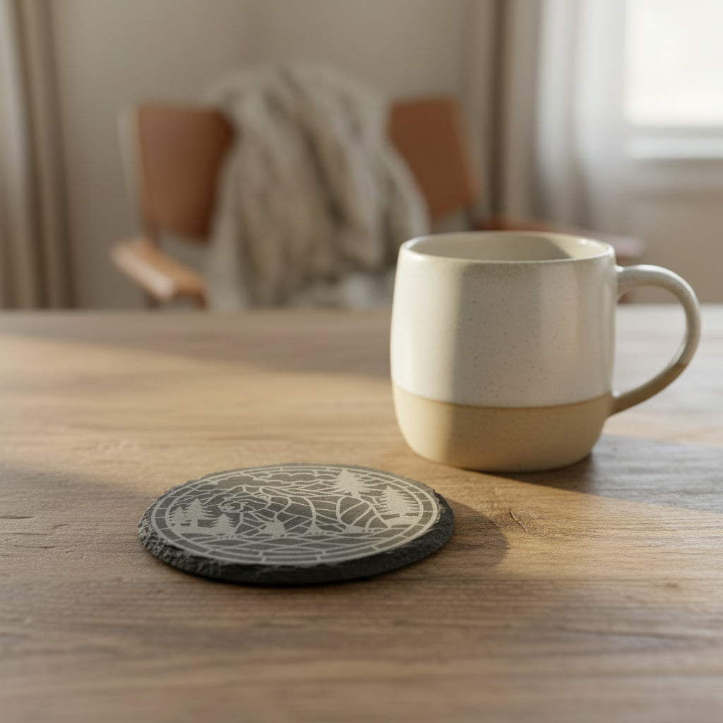 Bear Adventure - 4" Round Engraved Natural Slate Coaster