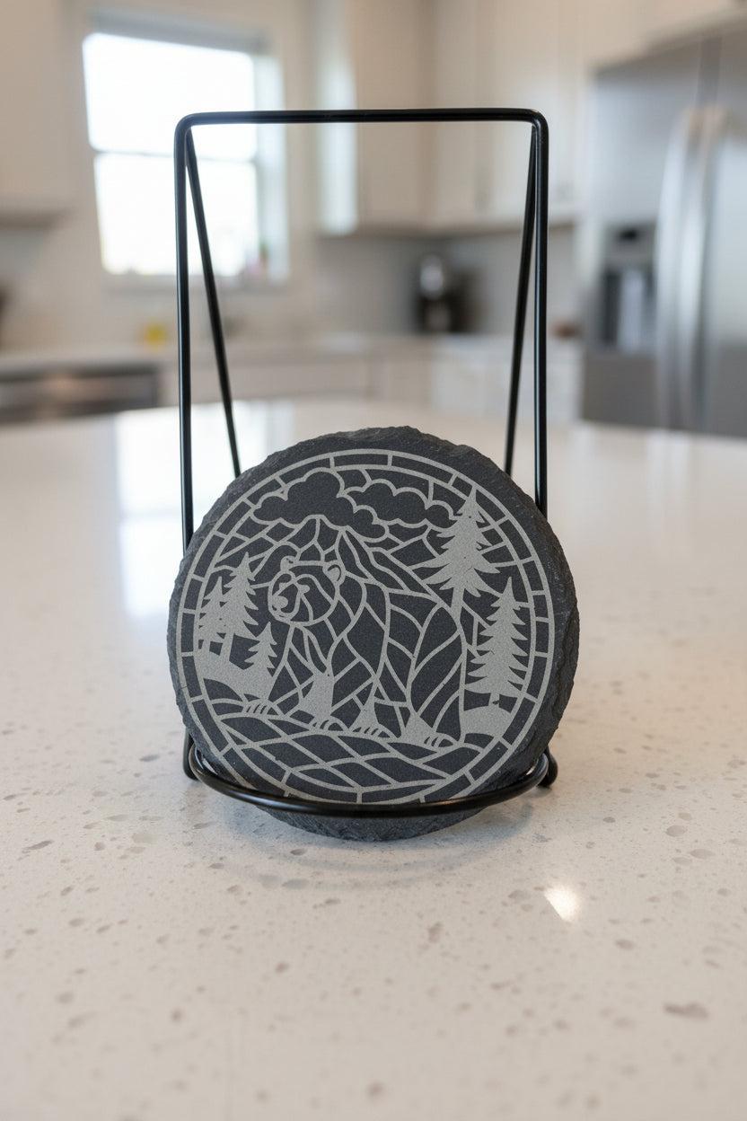 Bear Adventure - 4" Round Engraved Natural Slate Coaster
