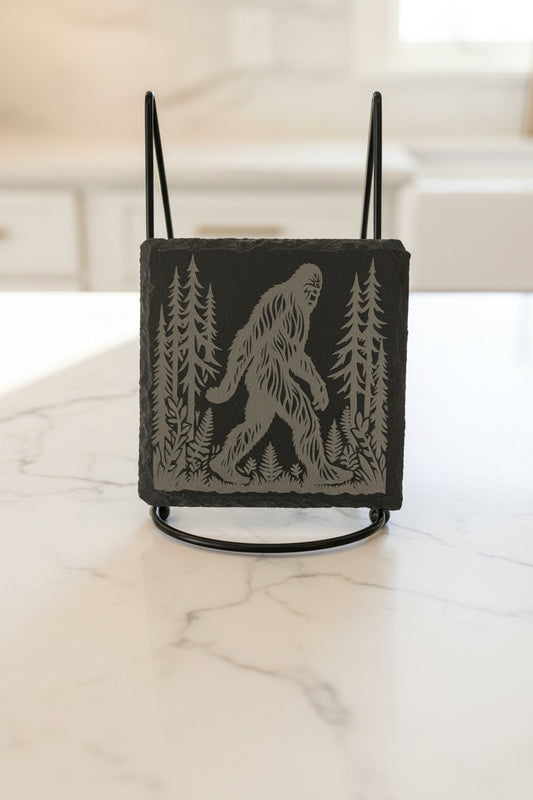 Bigfoot Woodland Walk - 4" Square Engraved Natural Slate Coaster