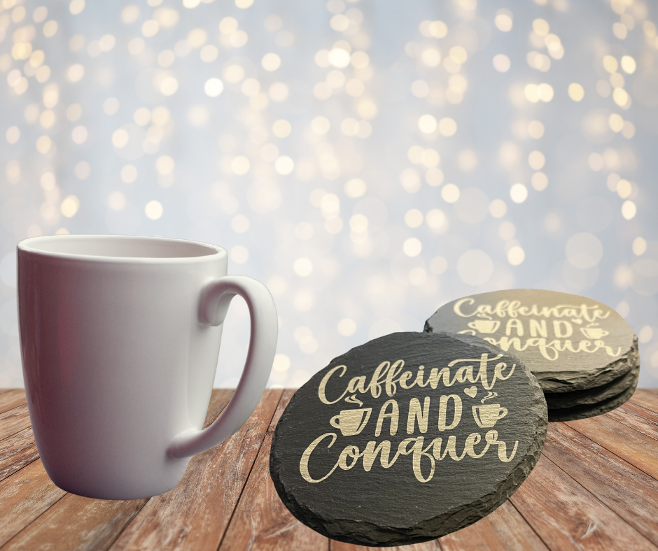 Caffeinate and Conquer Engraved Slate Coasters – Rustic Drink Coaster Set