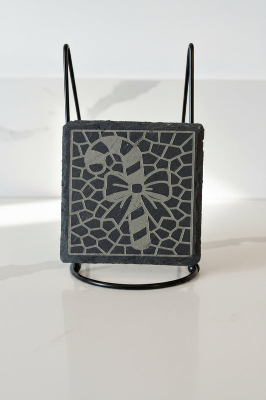 Candy Cane Bow - 4" Square Engraved Natural Slate Coaster