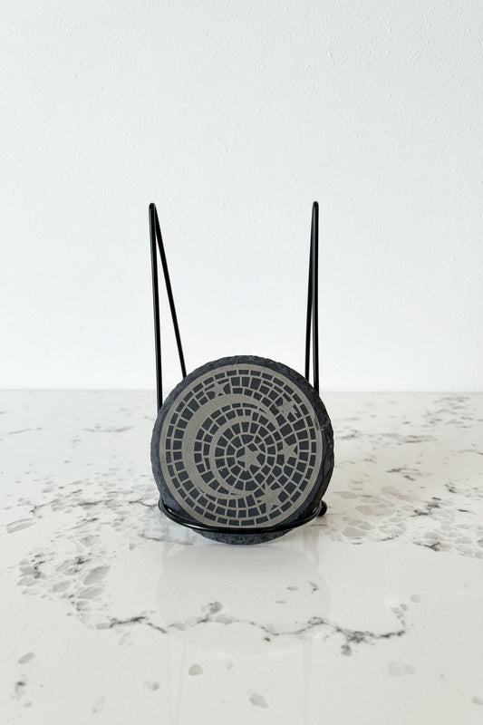 Celestial Mosaic Dance - 4" Round Engraved Natural Slate Coaster