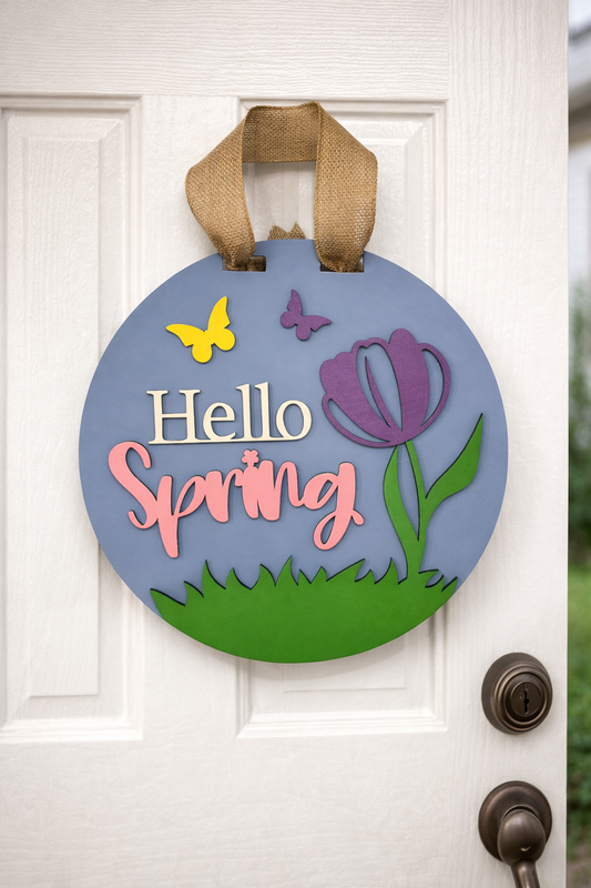 14" Round Door Hanger - Hello Spring