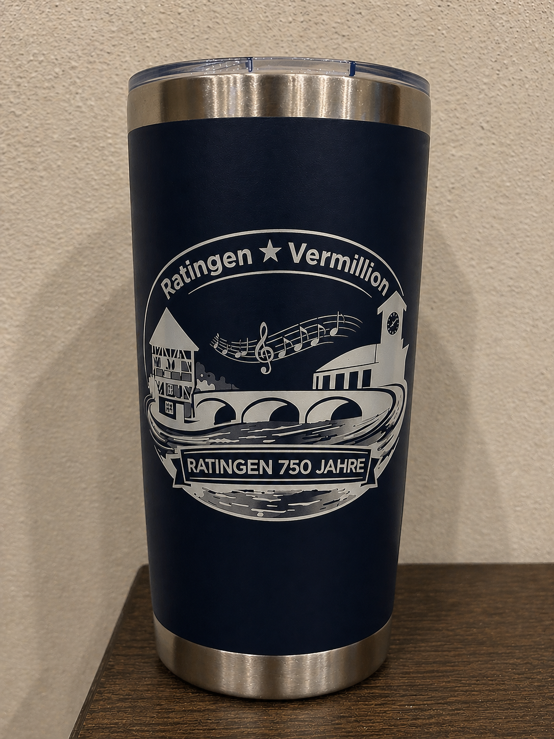Vermillion, SD ↔ Ratingen, Germany | 750-Year Celebration 20 oz Stainless Steel Engraved Travel Mug - Grey Design