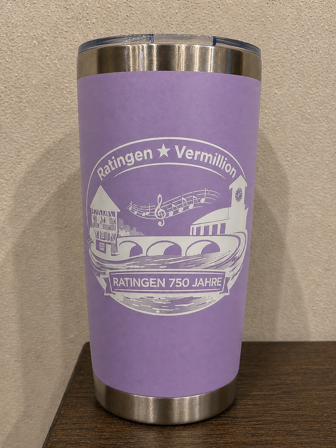 Vermillion, SD ↔ Ratingen, Germany | 750-Year Celebration 20 oz Stainless Steel Engraved Travel Mug - Grey Design