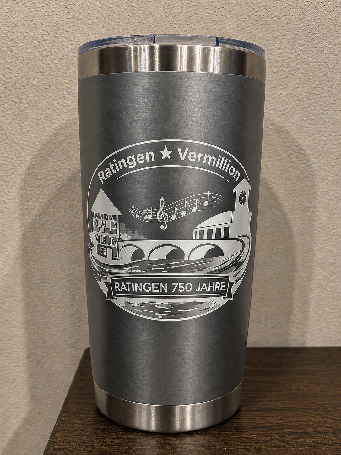 Vermillion, SD ↔ Ratingen, Germany | 750-Year Celebration 20 oz Stainless Steel Engraved Travel Mug - Grey Design