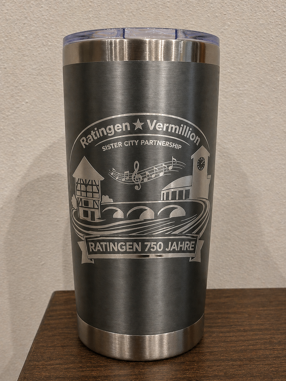 Vermillion, SD ↔ Ratingen, Germany | 750-Year Celebration 20 oz Stainless Steel Engraved Travel Mug