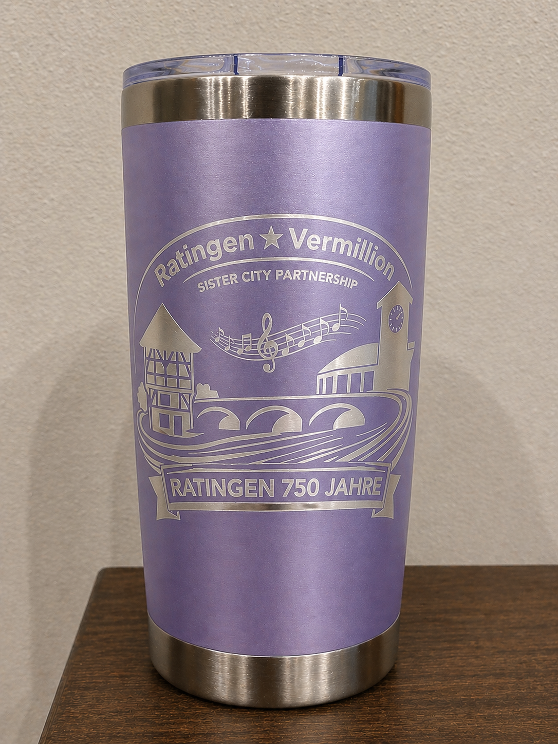 Vermillion, SD ↔ Ratingen, Germany | 750-Year Celebration 20 oz Stainless Steel Engraved Travel Mug