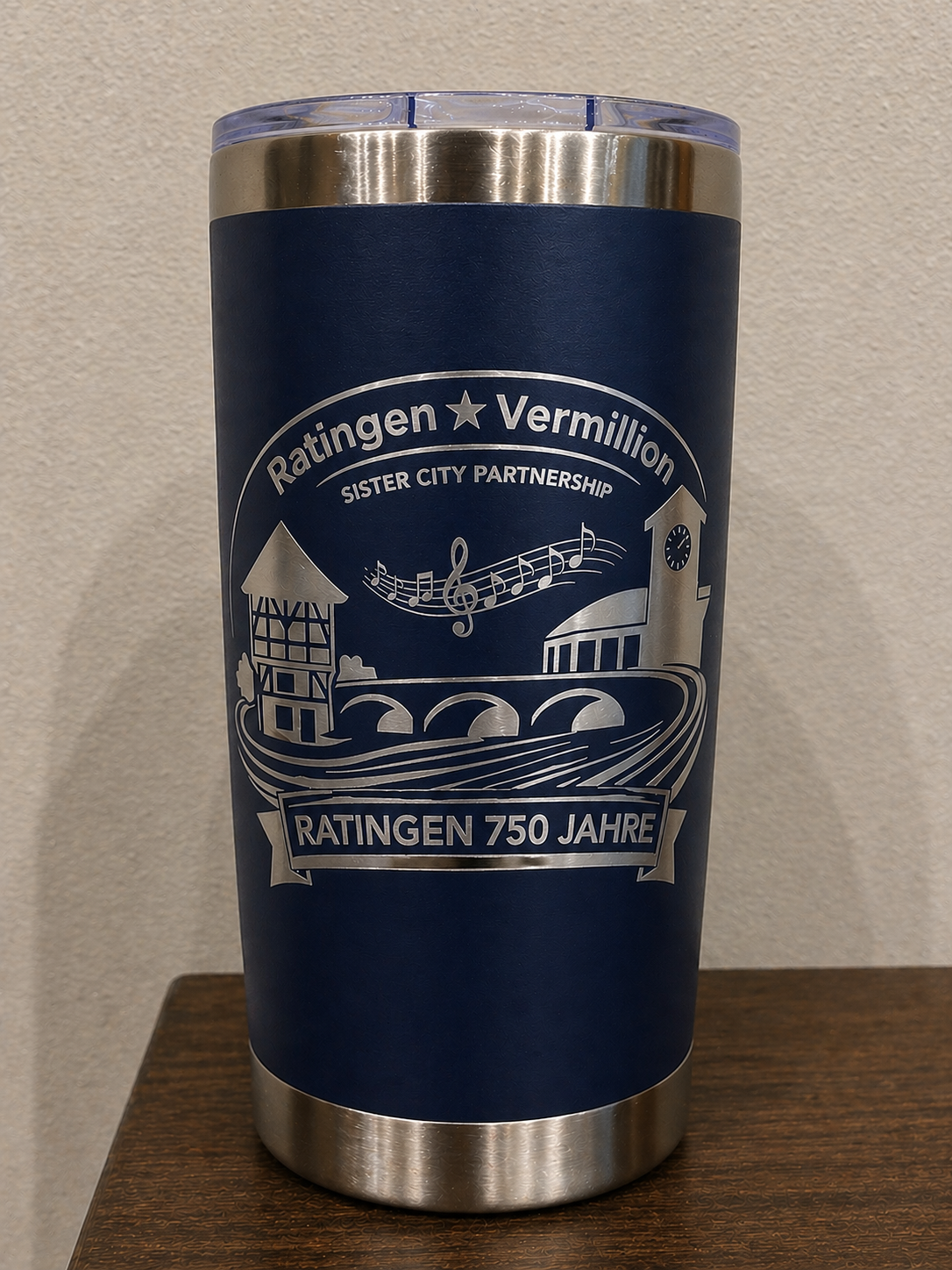 Vermillion, SD ↔ Ratingen, Germany | 750-Year Celebration 20 oz Stainless Steel Engraved Travel Mug