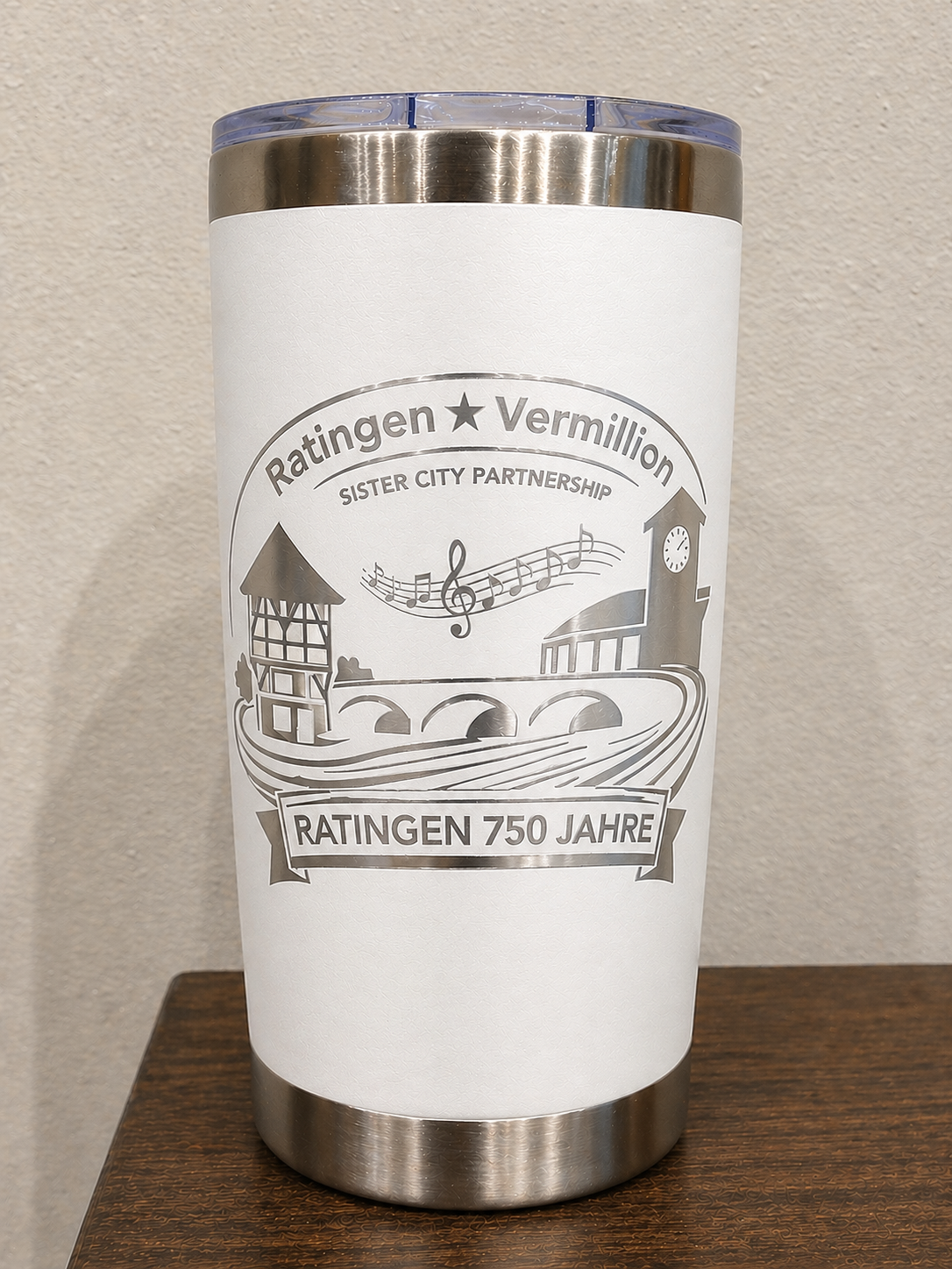 Vermillion, SD ↔ Ratingen, Germany | 750-Year Celebration 20 oz Stainless Steel Engraved Travel Mug