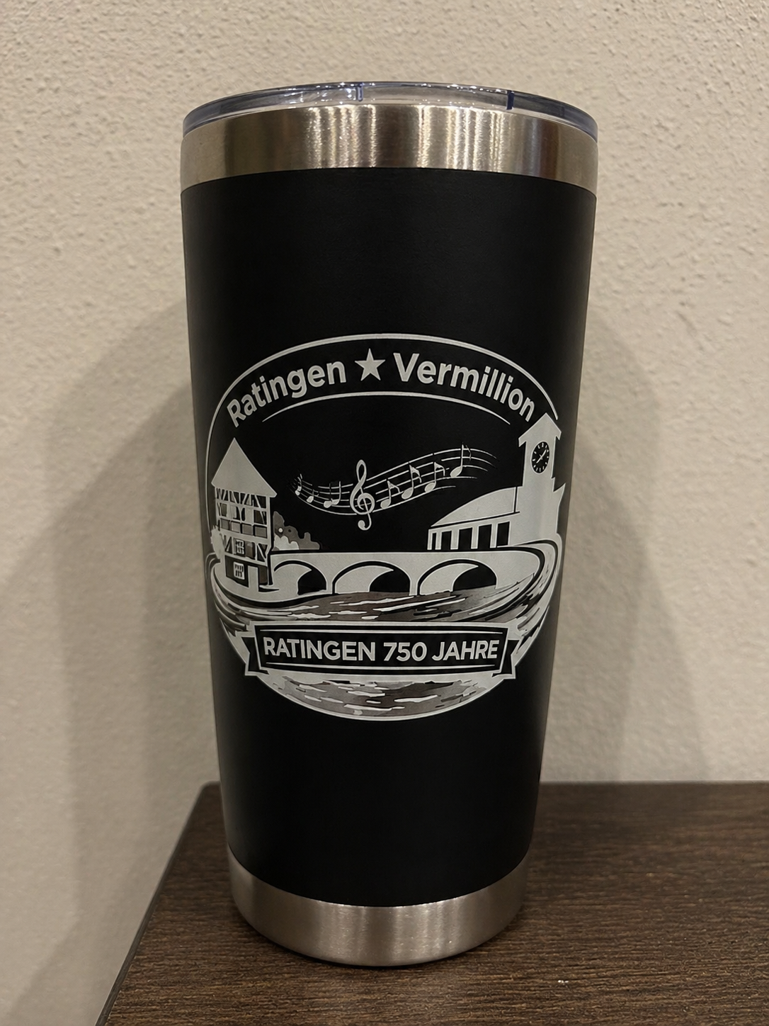 Vermillion, SD ↔ Ratingen, Germany | 750-Year Celebration 20 oz Stainless Steel Engraved Travel Mug - Grey Design