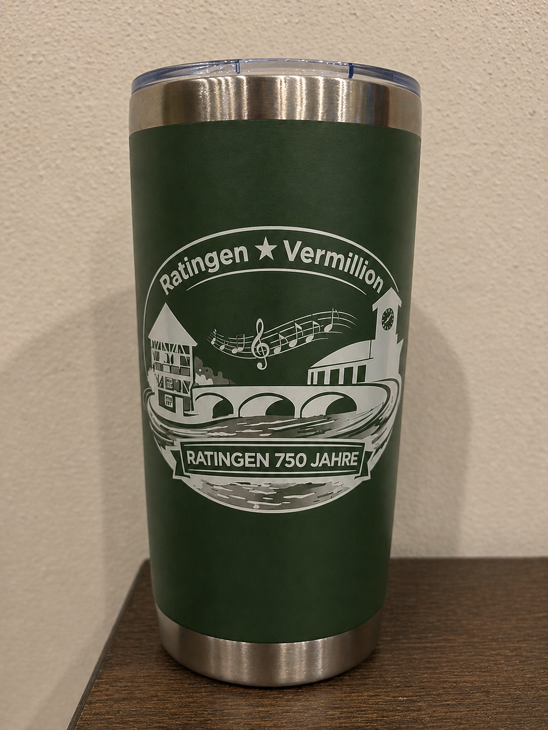 Vermillion, SD ↔ Ratingen, Germany | 750-Year Celebration 20 oz Stainless Steel Engraved Travel Mug - Grey Design