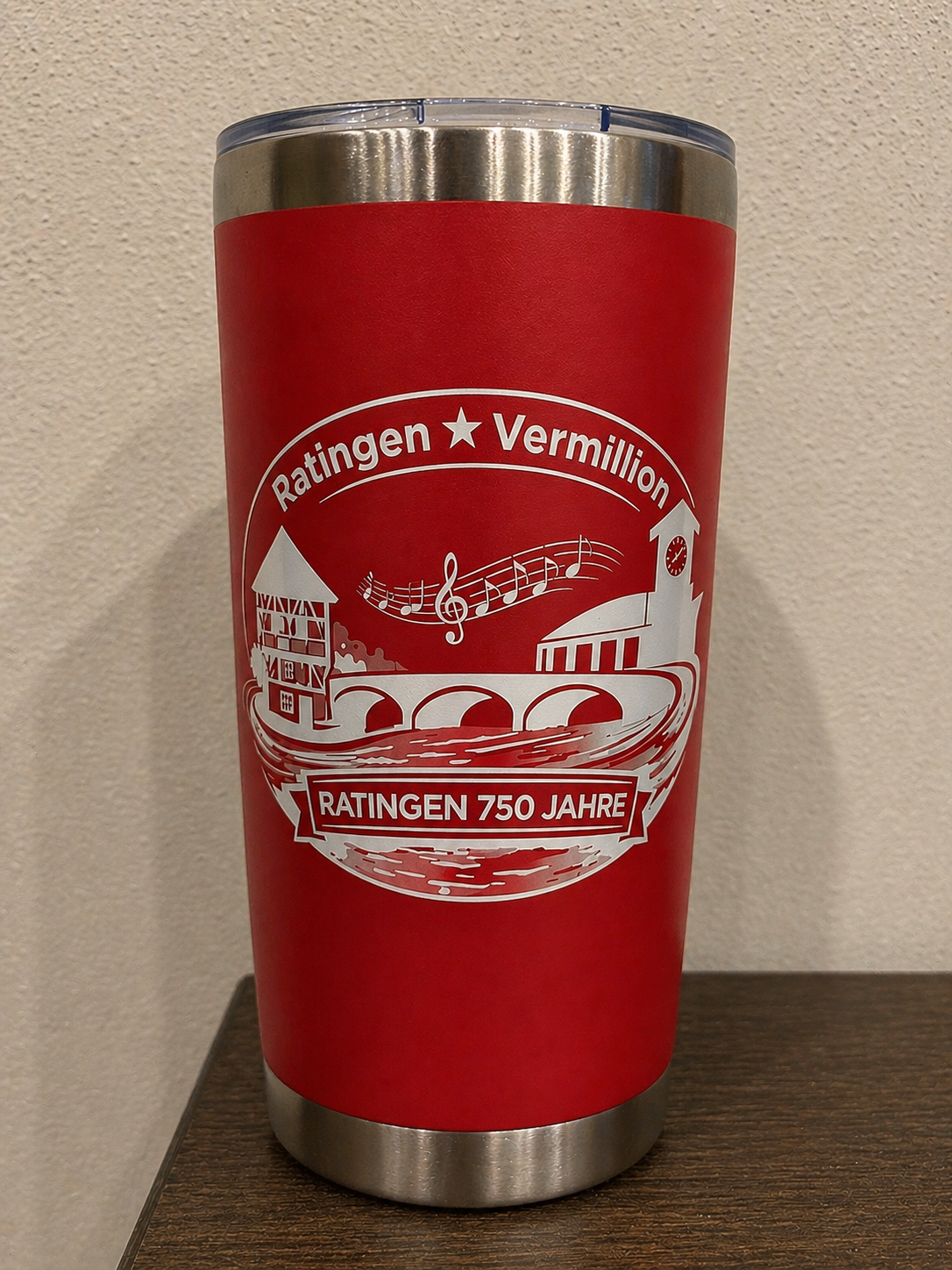 Vermillion, SD ↔ Ratingen, Germany | 750-Year Celebration 20 oz Stainless Steel Engraved Travel Mug - Grey Design