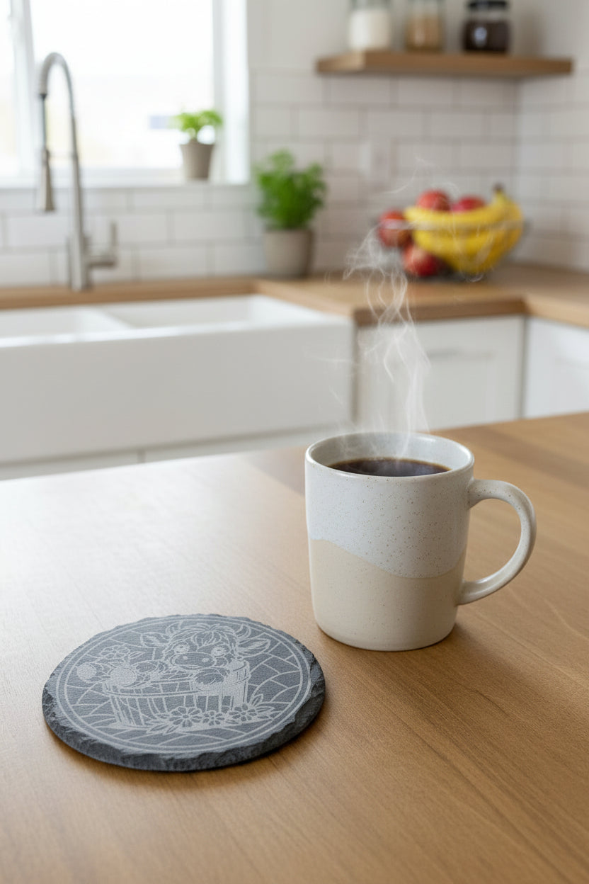 Cow In Bucket - 4" Round Engraved Natural Slate Coaster