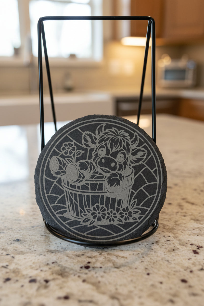 Cow In Bucket - 4" Round Engraved Natural Slate Coaster