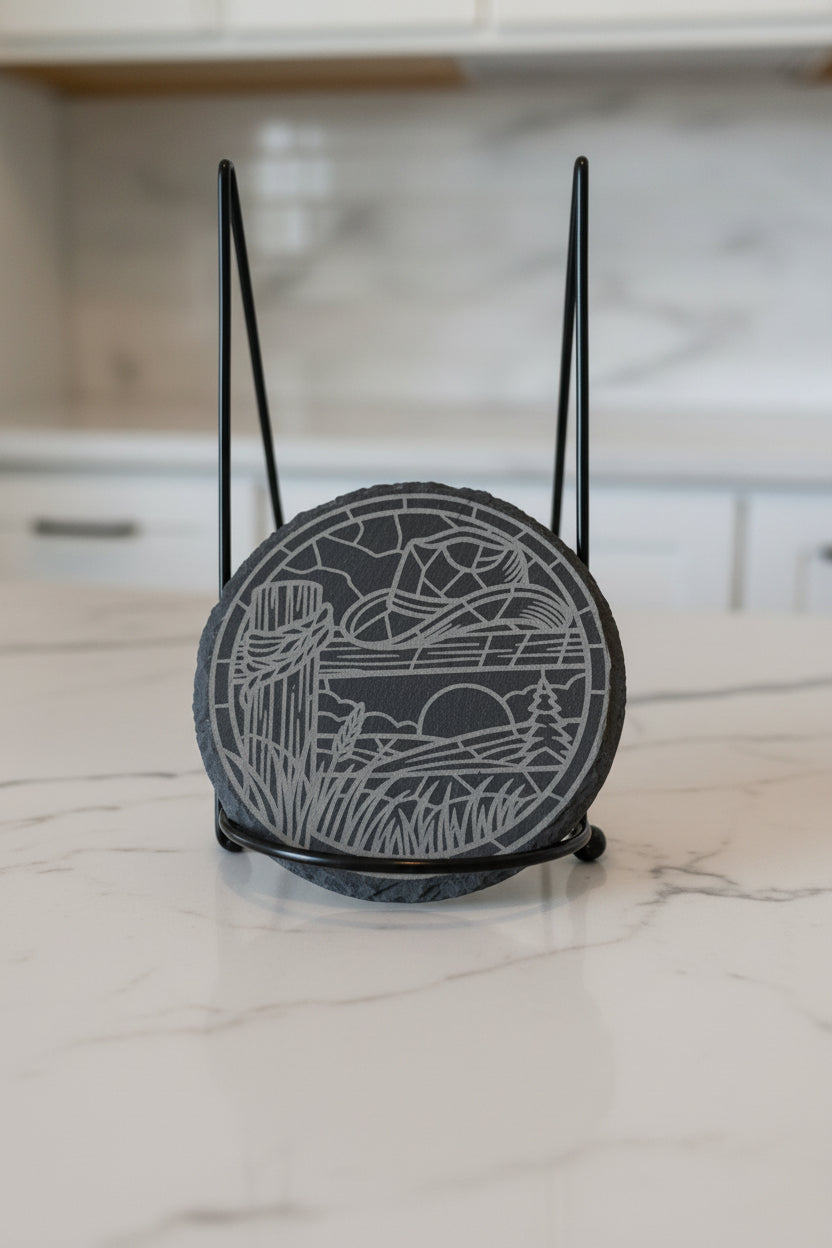 Cowboy Sunset - 4" Round Engraved Natural Slate Coaster
