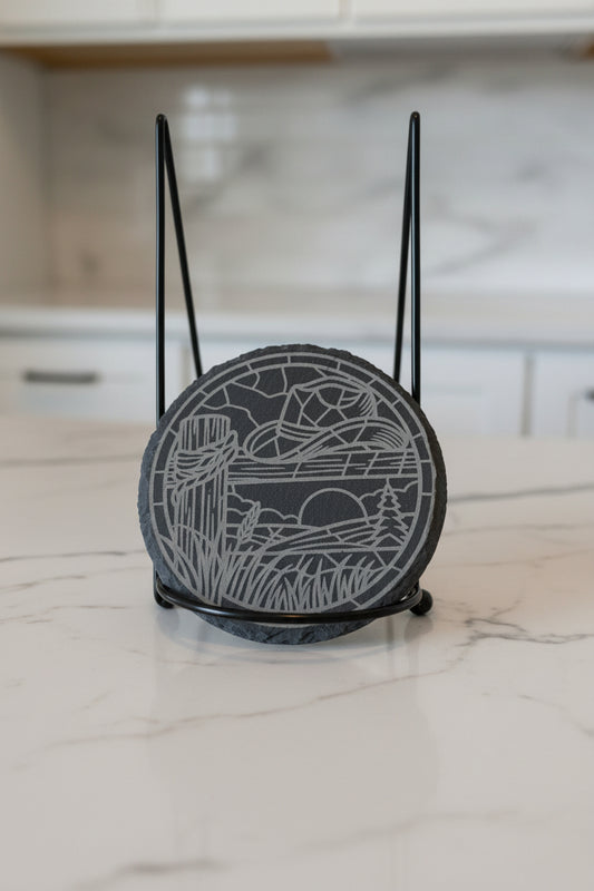 Cowboy Sunset - 4" Round Engraved Natural Slate Coaster