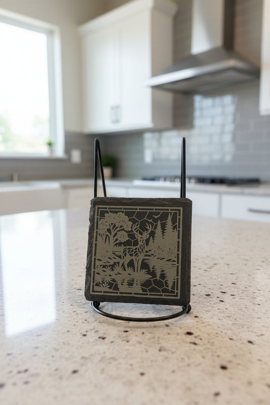 Deer River - 4" Square Engraved Natural Slate Coaster