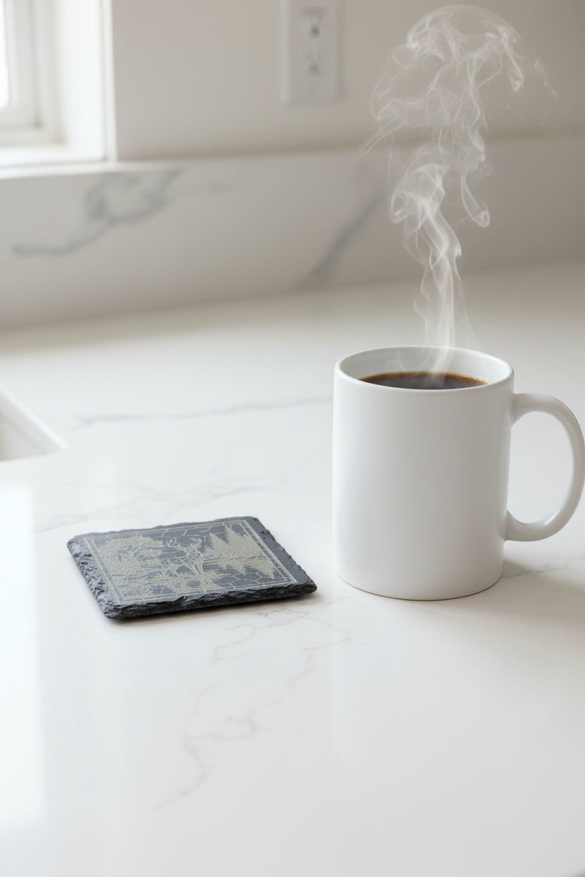 Deer River - 4" Square Engraved Natural Slate Coaster