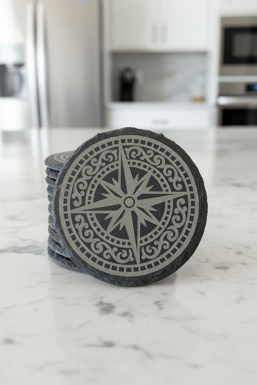 Directional Compass Harmony - 4" Round Engraved Natural Slate Coaster