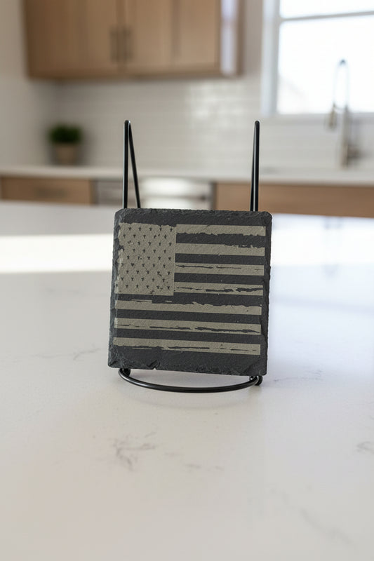 Distressed Black White American Flag - 4" Square Engraved Natural Slate Coaster