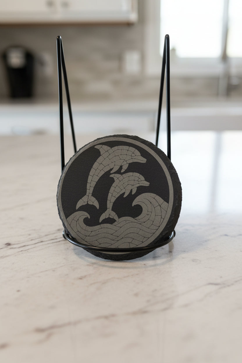 Dolphin Wave Dance - 4" Round Engraved Natural Slate Coaster