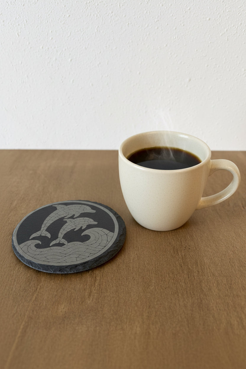 Dolphin Wave Dance - 4" Round Engraved Natural Slate Coaster