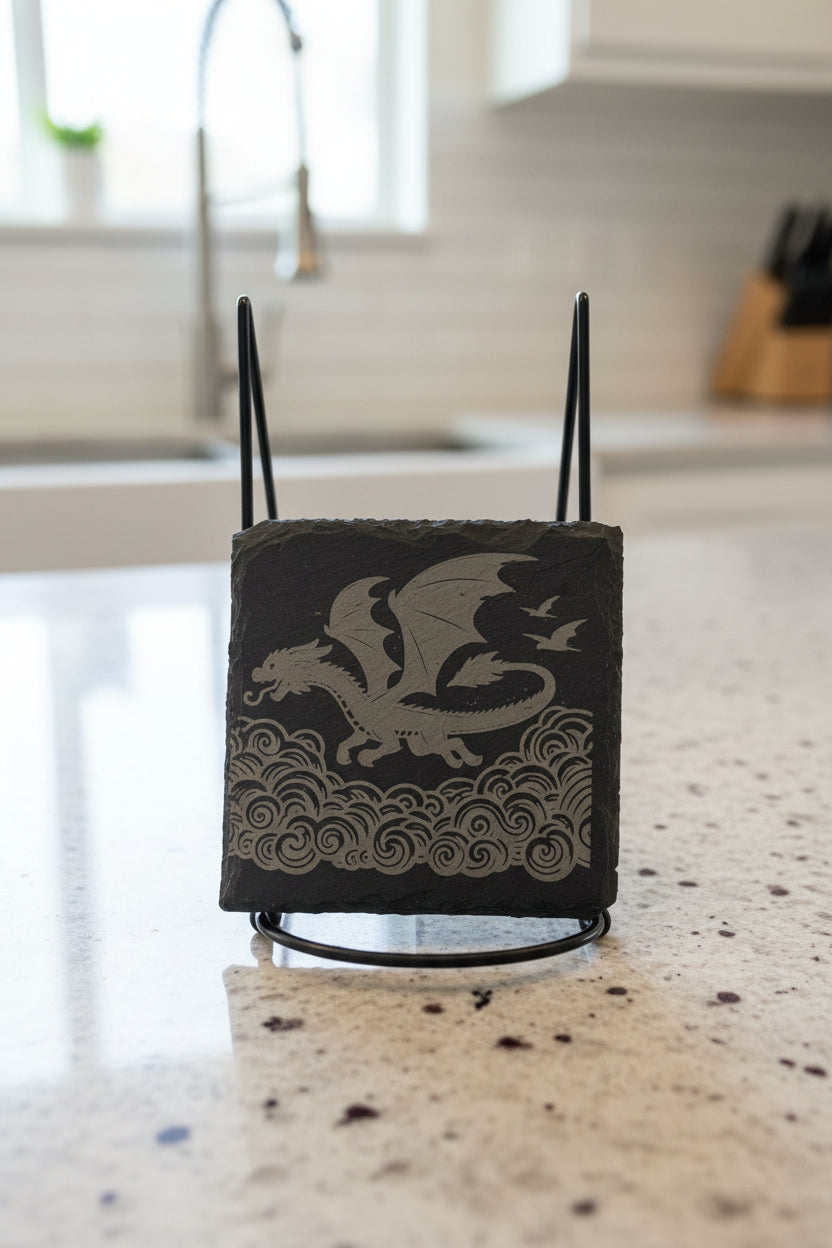 Dragon Clouds Flying - 4" Square Engraved Natural Slate Coaster