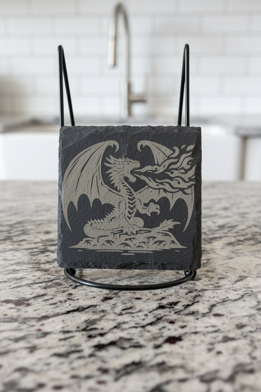 Dragon Fire Breath - 4" Square Engraved Natural Slate Coaster