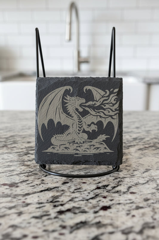 Dragon Fire Breath - 4" Square Engraved Natural Slate Coaster
