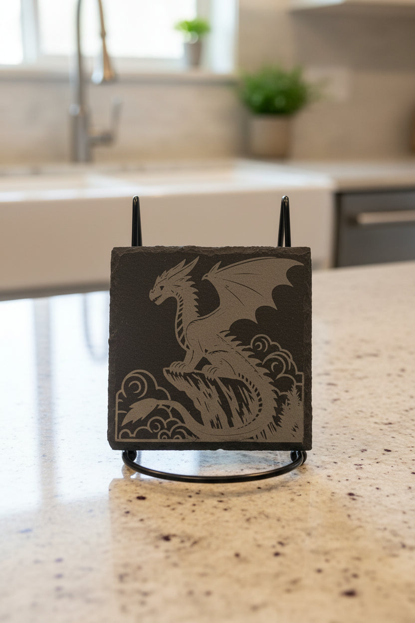 Dragon Mountain Perch - 4" Square Engraved Natural Slate Coaster