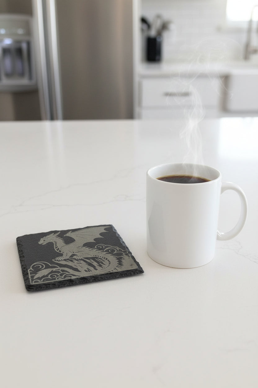 Dragon Mountain Perch - 4" Square Engraved Natural Slate Coaster