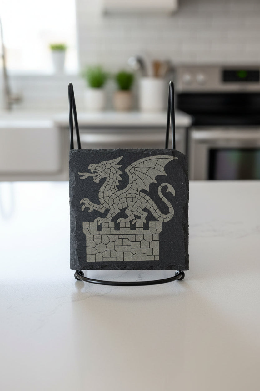 Dragon On Castle Wall - 4" Square Engraved Natural Slate Coaster
