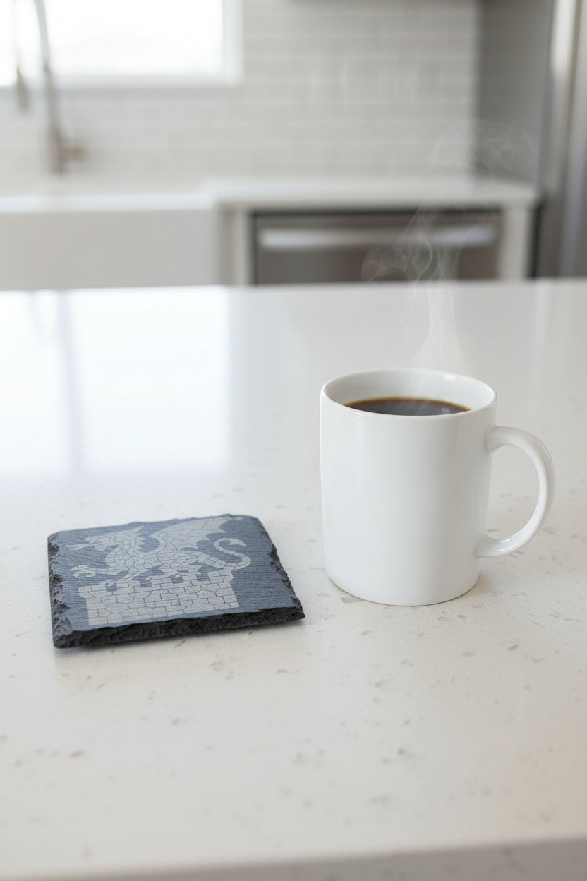 Dragon On Castle Wall - 4" Square Engraved Natural Slate Coaster